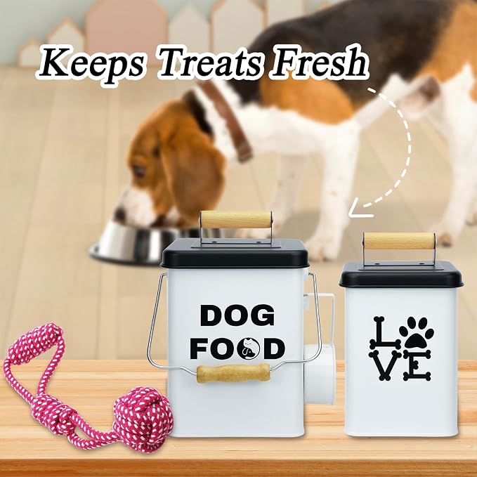 Dog Food Storage Container Set of 2 Dog Treat Container with Airtight Lids Dog Treat Jar with Scoop Metal Dog Food Holder with Wooden Handles for Kitchen Counter and Pantry Home Decor - White