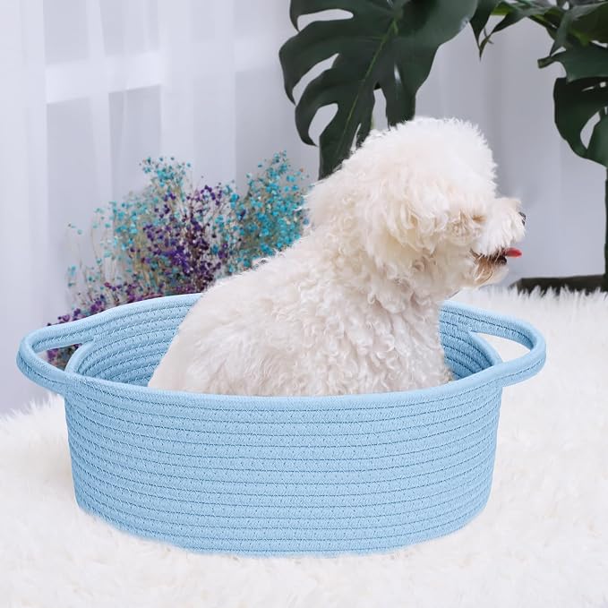 ABenkle Small Basket with Handles, Boho Decorative Rope Woven Dog Cat Toy Storage Bin Shelf Storage Organizer, Easter Christmas Gift Basket, 12"x8"x5", Blue