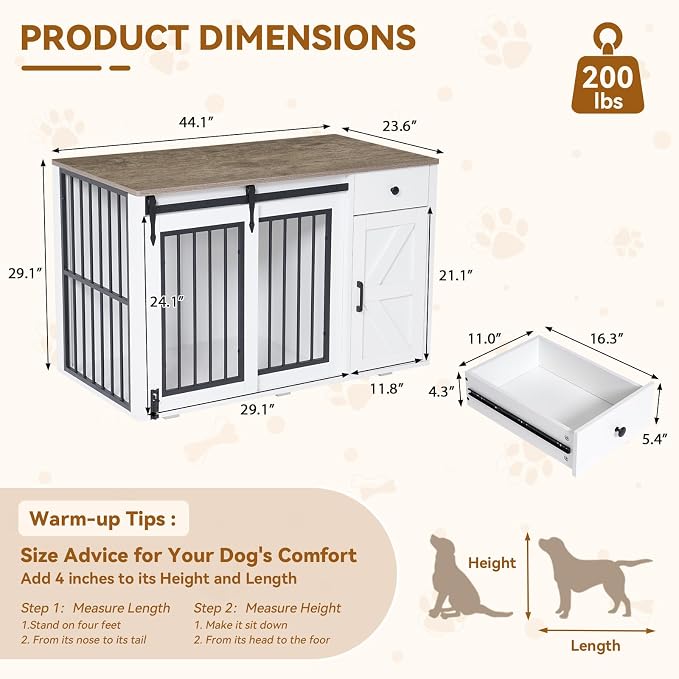 Verano Garden 44" Dog Crate Furniture, Dog Kennel (44" Right Facing Door) | 2-in-1, Lockable, Sliding Door, Removable Divider, Adjustable Shelf, Farmhouse, Heavy Duty, Small Medium Dogs, White