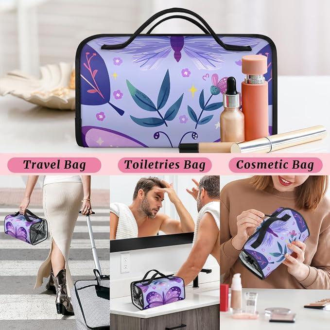 Purple Butterfly Makeup Bag for Women Hanging Roll-Up Travel Organizer Toiletry Kit with 4 Removable Compartments, Butterflies Rustic Floral