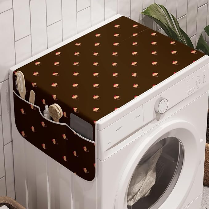 Ambesonne Abstract Washing Machine Organizer Pack of 2, Cupcake Pattern with Hearts on Top Sweets Dark Toned Brown Background, Anti-Slip Cover for Washers Dryers, 47" x 18.5", Coral Beige