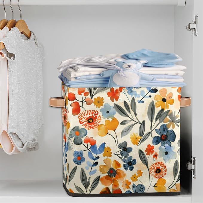 Floral Cube Storage Bin, 13 Inch Collapsible Fabric Storage Cubes Bin, Colorful Flowers Foldable Cube Baskets for Shelf, Closet, Organizer