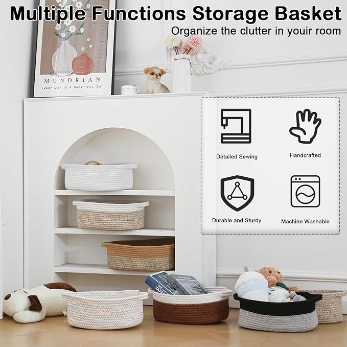 Small Woven Rope Basket with Handles, White&Grey | Empty Gifts Basket with Bag and Ribbons, Cute Handle Organizer Box, Birthday/Baby Shower, Toy Storage