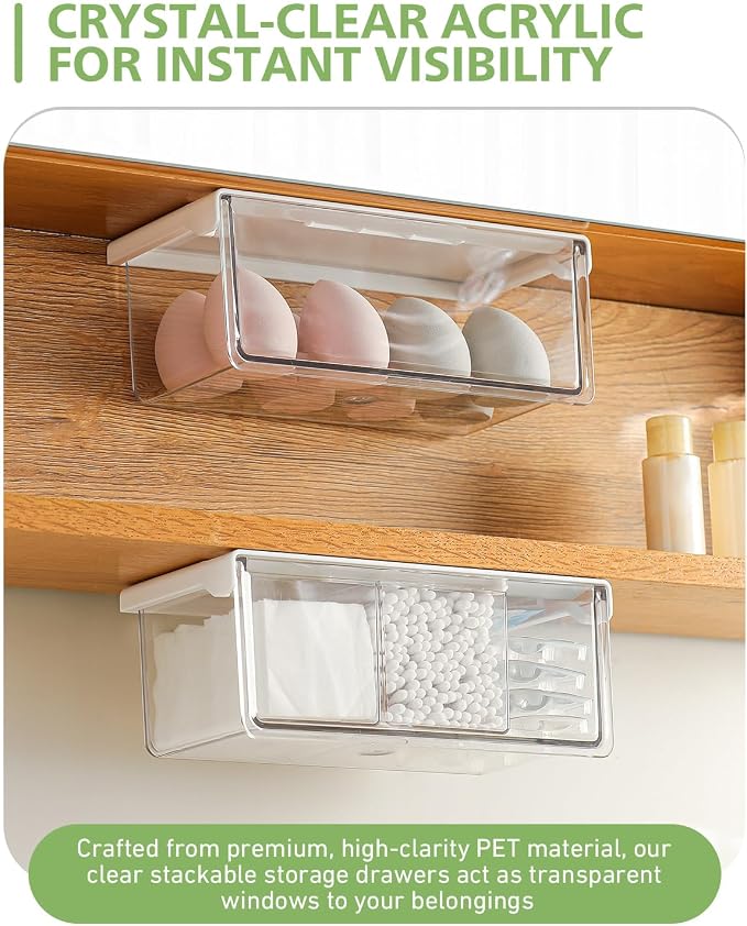BALUCA Small Clear Stackable Storage Drawers – 33° Angled Acrylic Makeup Organizer for Vanity, Undersink & Kitchen Cabinets | Multi-Purpose Plastic Storage Bins & Drawer Organizer Bins (Large)