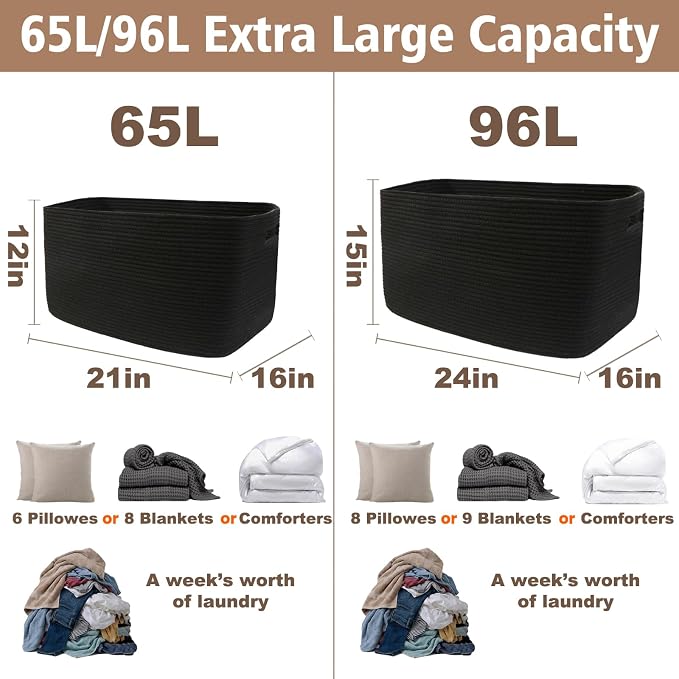 JMvicyroam 96L Large Woven Cotton Rope Blanket Basket, Black | Blanket storage for living room or bedroom use, Freestanding with reinforced handles, Entire basket is machine washable