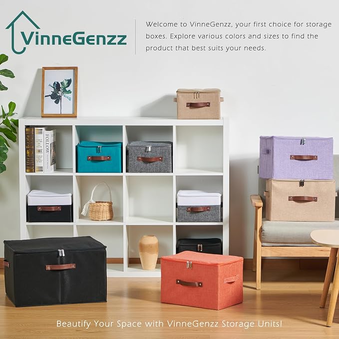 Storage Bins with Zipper Lids Decorative Lidded Baskets Boxes | Clothes Container, Closet Shelf Organizer, Foldable Washable, Cotton Linen Fabric, w/ PU Leather Handles, Gray White, Large