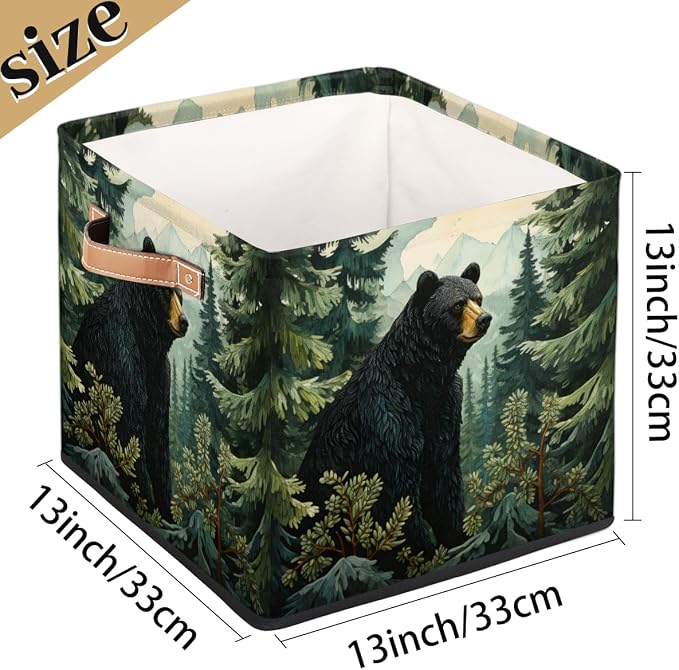 Black Bear Forest Wild Animals Cube Storage Bin, 13 Inch Collapsible Fabric Storage Cubes Bin, Foldable Cube Baskets for Shelf, Closet, Organizer