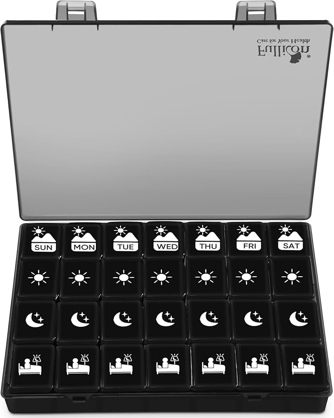 Fullicon Large Pill Organizer 4 Times a Day, 7 Day Pill Box, Black | Each Compartment Holds 12 Fish Oils or 13 Vitamins, Clear Daily Icons, Durable Printing, Easy Open, Secure Snap Lids