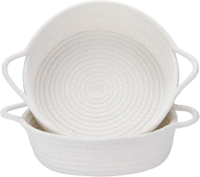 Sea Team 2-Pack Compact Woven Cotton Rope Storage Baskets, White | Knitted Decorative Organizer Bins with Handles, Portable Round Containers for Small Items, Keys, Makeup, Jewelry, Trinkets