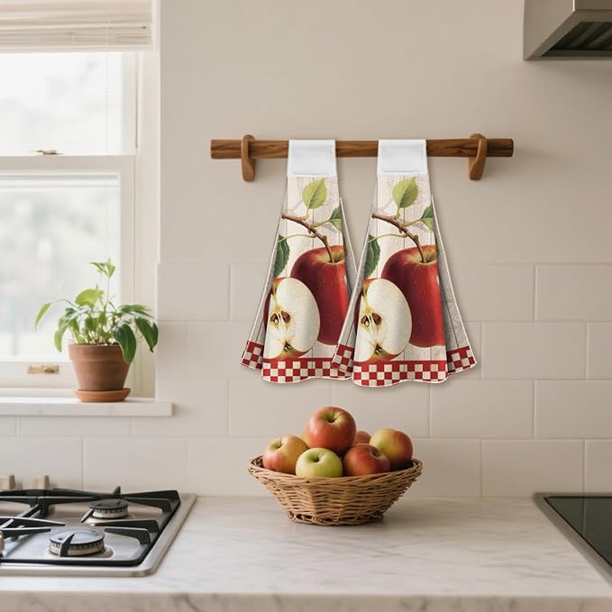 CUTHOLLOW Retro Apples Hanging Kitchen Towels with Loop, Set of 2 - Soft & Super Absorbent Microfiber Decorative Hanging Dish & Hand Towel, Tea, Coffee Towel for Kitchen Bathroom Oven Handle