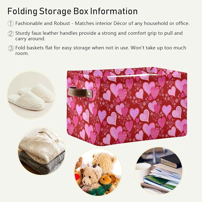 Pink Red Love Heart Storage Basket Fabric Laundry Baskets Happy Valentine's Day Storage Boxes Organizer Bag for Baby Cloth Dog Toy Book Storage Cubes Shelf Closet Bins 16×12×8 Inches