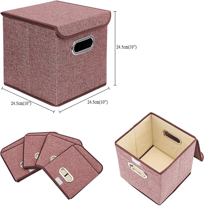 Storage Bin [Set of 4] Linen Fabric Foldable Container with Lid, Collapsible Organizer Boxes Cubes – 10 x 10 x 10 Inches (Red)