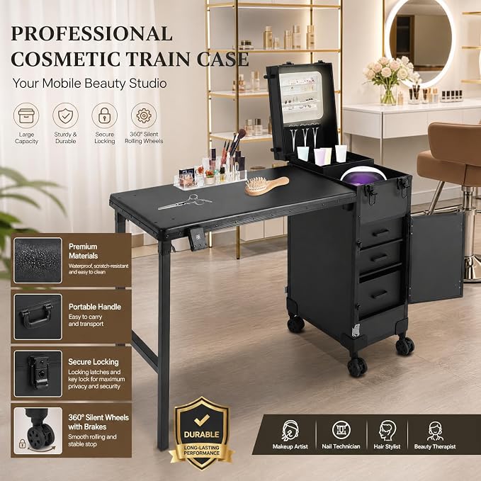 Rolling Makeup Case with 3 Drawers, Portable Manicure Table Lockable Makeup Train Case with Foldable Portable Nail Desk Cosmetic Travel Case with LED Light & Key for Hair Barbers/Stylists