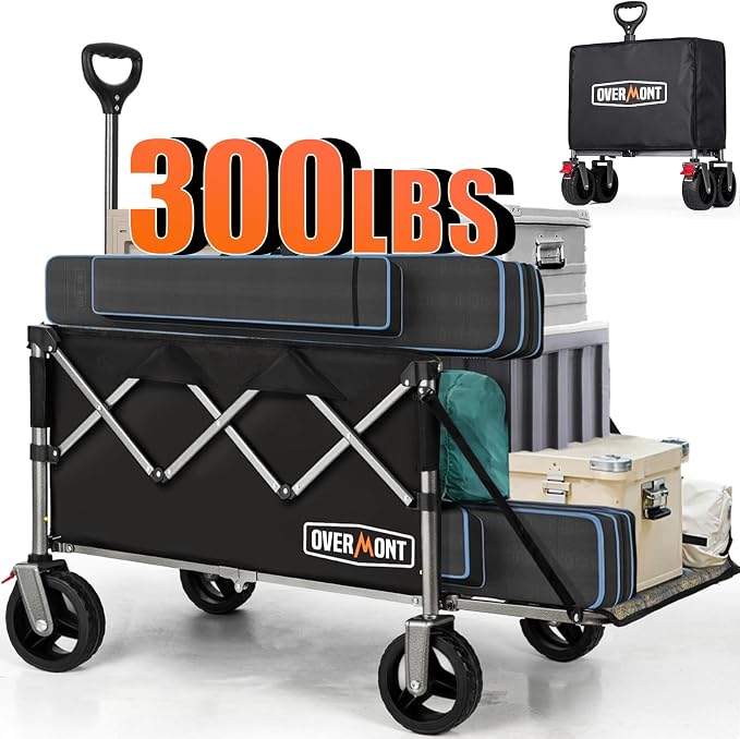Overmont Folding Wagon with Tailgate, 300 lb Heavy Duty Collapsible Wagon Cart | Extends to 49.2 in for Tents and Canopies, Folds to 1/4 Size, Rolls on All-Terrain Swivel Wheels with Dual Brakes