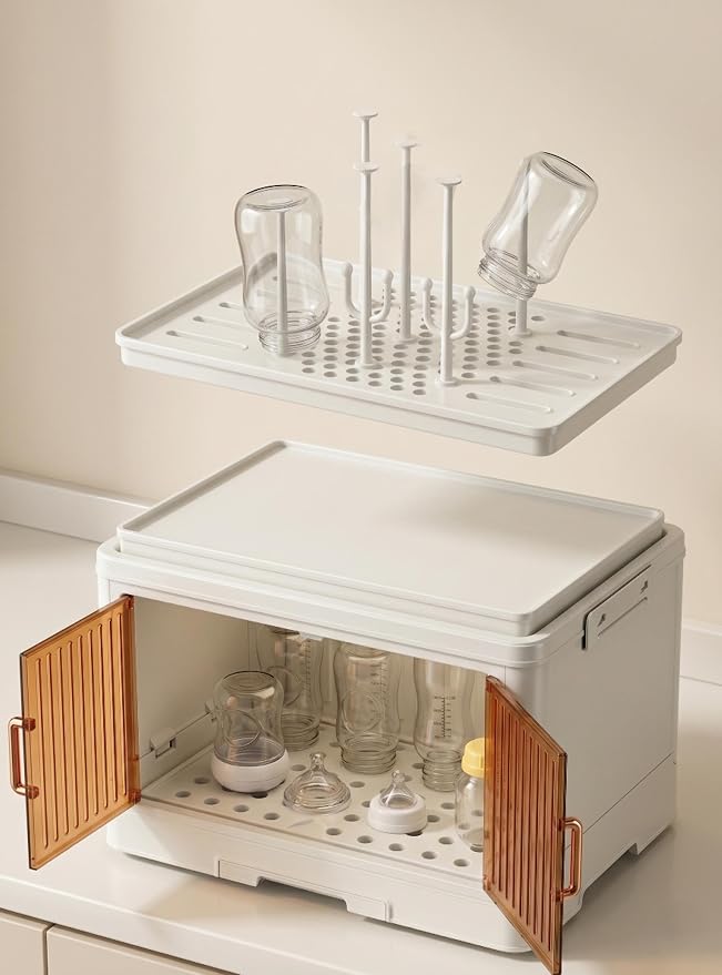 Vessy Baby Bottle Organizer for countertop with Drying Rack, Cover Dustproof Baby Bottle Storage Box Cabinet Station Essentials Clear Doors Plastic Storage Organizer White