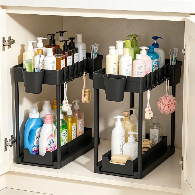 Under The Sink Organizer 2 Pack, 2 Tier Sliding Under Cabinet Organizer | Pull Out Under Sink Storage Multi-Use Undersink Organizers for Countertop, Bathroom, Pantry and Office Organization