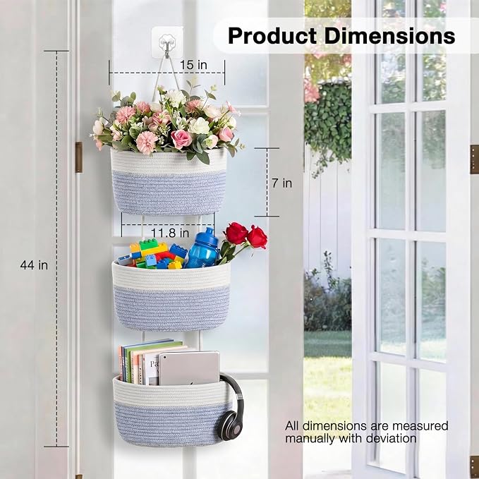 ICERZCZ Hanging Baskets for Organizing, Over the Door Decorative Storage Organizer, Nursery Decor Organization, 3-Tier Wall Basket for Entryway Playroom Bathroom Closet, Light Blue & Off White