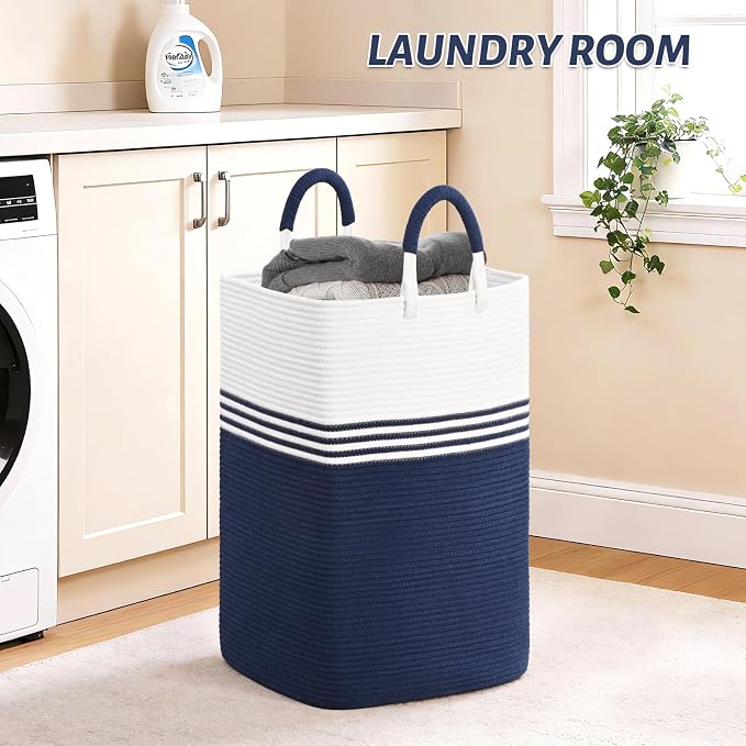 Laundry Basket Hamper,Blanket Storage,Dirty Clothes Hamper with Swivel Handles,Woven Cotton Rope Toy Baskets,Blanket Basket Living Room,Decorative Hampers for Nursery,Bedroom,White & Blue,100L