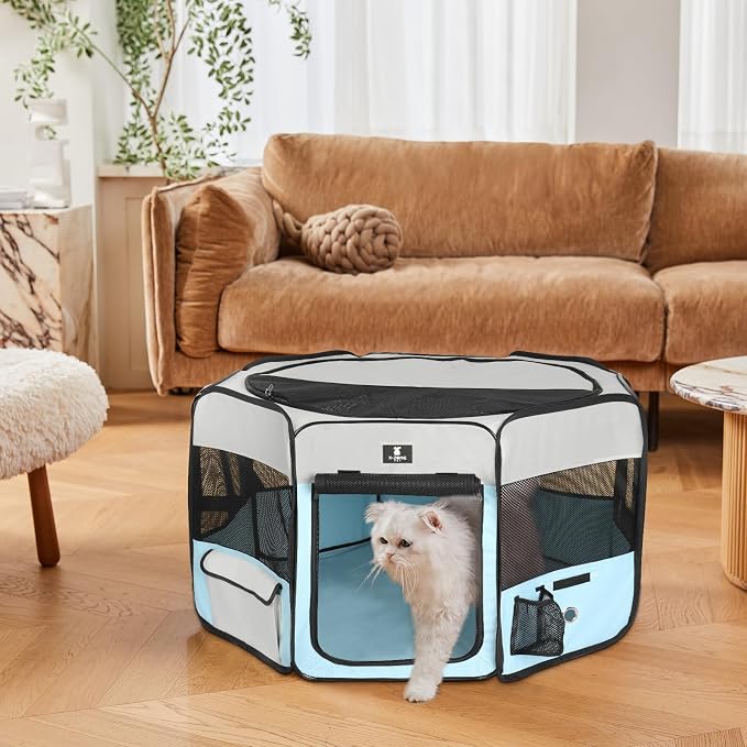 X-ZONE PET Foldable Dog Playpen, Portable Pet Play Pen for Puppy Cat, Blue | Pop‑Up Dog Playpens Indoor & Outdoor, Waterproof Dog Kennel Cage, Removable Top, Travel Camping Playpen, Large Size