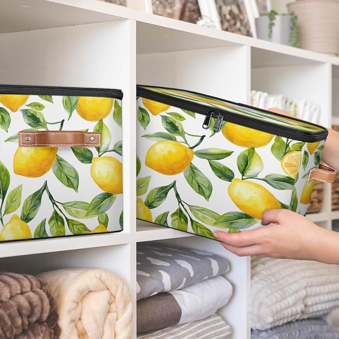 Pardick Storage Bin Fruit Lemon Storage Baskets with Zipper Lid & Handle Foldable Closet Shelf Cloth Organizer Basket Cube Bins Clothes Organizer for Nursery, Bedroom