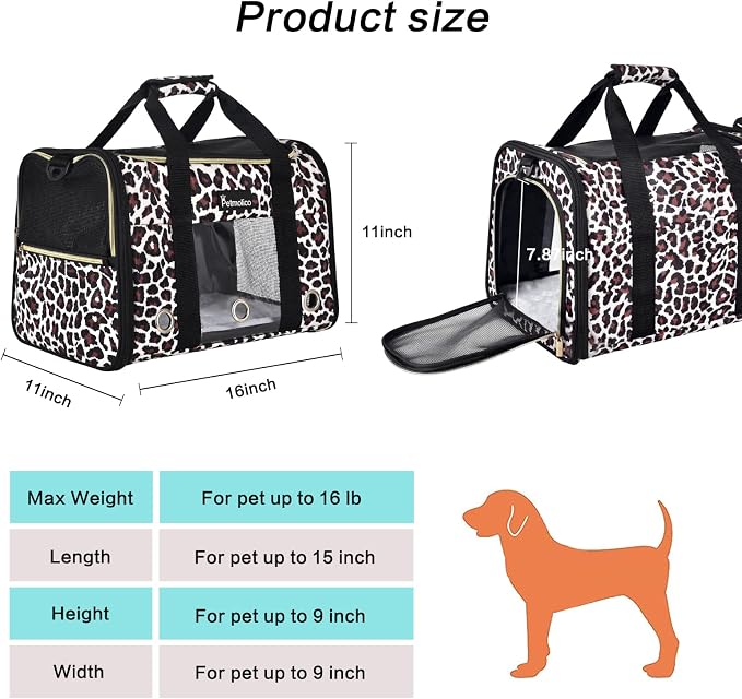 Petmolico Cat Carrier Soft-Sided Airline Approved, Medium, Medium, Leopard | For small/medium cats & puppies up to 16 lbs, 3 open doors, travel-friendly pet bag