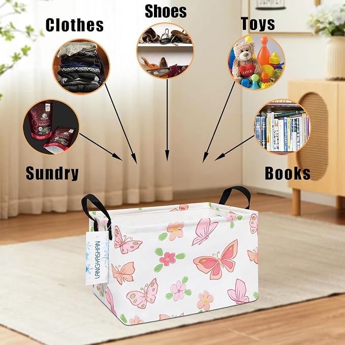 Rectangular Collapsible Pink Butterfly Storage Basket Nursery Organizer | Storage Bin Foldable Canvas with Handles for Organizing Home Kitchen Children Toys Office Closet Shelf Baskets