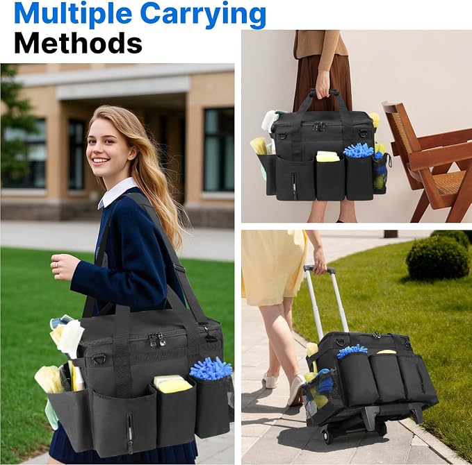 LIWSHWZ Large Rolling Cleaning Caddy Bag with Detachable Trolley & Lid,Cleaning Supplies Organizer on Wheels with Multi Pockets for Cleaning Tools Storage,Housekeepers, Black
