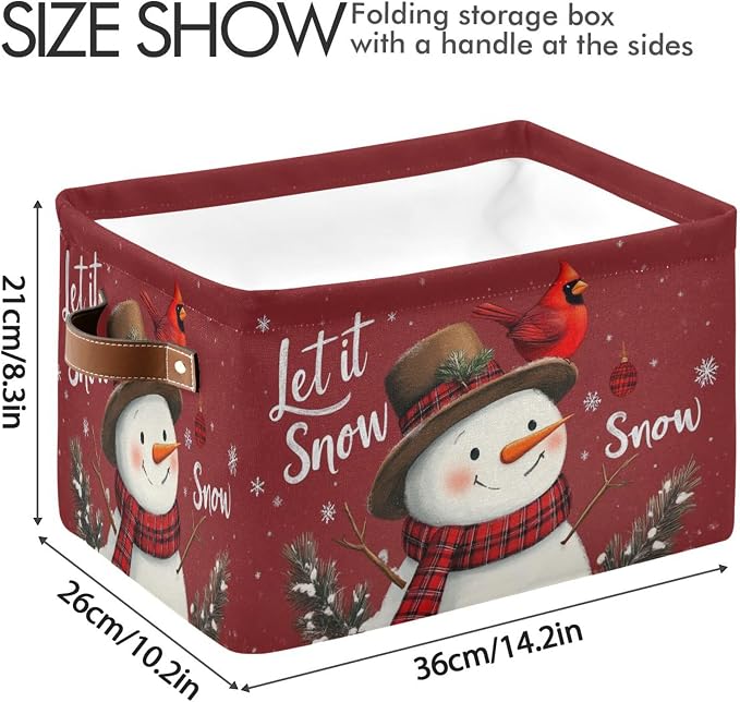 Winter Snowman Cardinal Birds Storage Basket with Waterproof Liner and PU Handles Let It Snow Christmas Red Storage Bins Boxes 14.2" Collapsible Decorative Baskets for Bedroom Closet Office 2 Pack