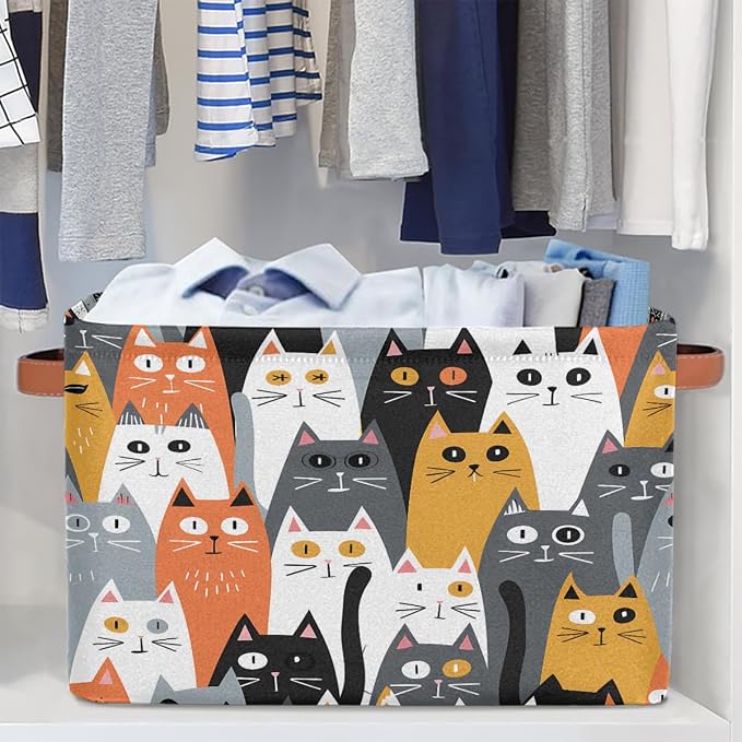 AUUXVA Storage Basket Cute Animal Cat Pattern Storage Cube Box Durable Canvas Collapsible Toy Basket Organizer Bin with Handles for Shelf Closet Bedroom Home Office
