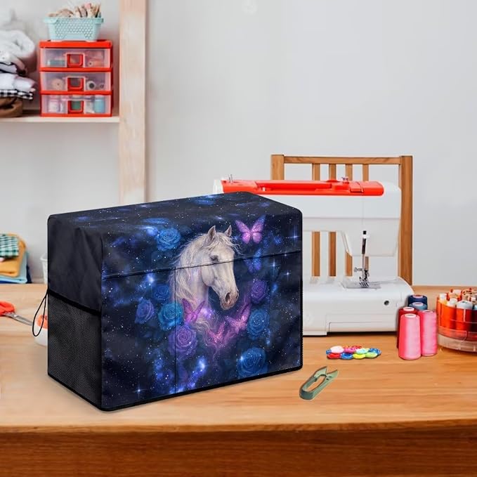 Rose Horse Print Sewing Machine Cover Heavy-Duty Dust & Pet Hair Protection with Storage Pocket, Fits Brother, Singer, Janome Machine (Blue)