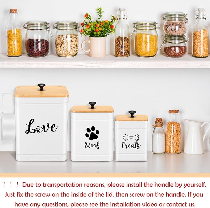 Jingmore Metal Dog Treat Containers Set of 3 with Bamboo Lids and Spoon Airtight 7+3+2 lbs Dog Food Snack Jars with DIY Labels Big Pet Cookie Storage Jar for Kitchen Counter(White,Modern)