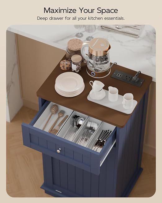Betterhood Single Tilt Out Trash Cabinet with Power Outlet, Wooden Hidden Garbage Can Holder with a Big Storage Drawers for Kitchen, Living Room, Laundry, Blue