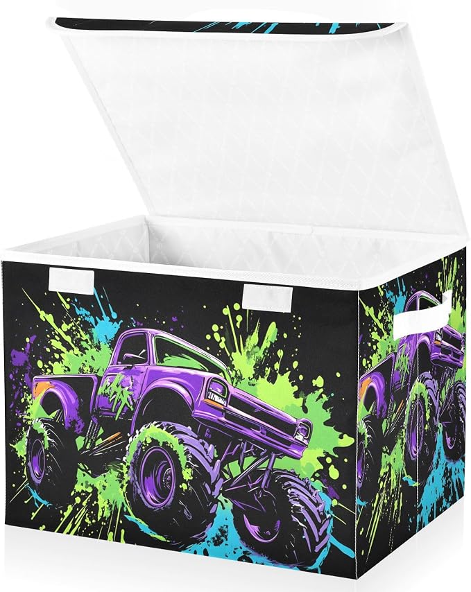 Fabric Storage Bins with Lid Monster Truck Closet Storage Basket 40L | Decorative Storage Boxes, 300D Oxford Cloth, Hollow Board Frame, Flip Top Velcro Lid, 16.5x12.6x11.8 inch, Collapsible Design