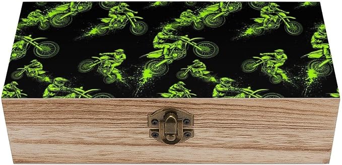 Wooden Box for Keepsakes Memory Boxes with Hinged Lid, Motocross Rider | Extreme Sports Green Black Jewelry Storage Case, Photo Organizer, Party Favor Decor Gift Box, 9.2"x5.5"x3.9"