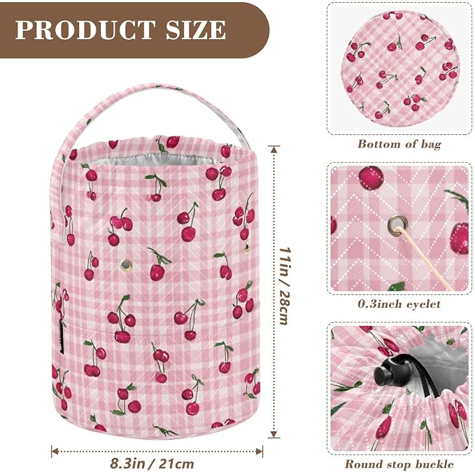 Tatenale Crochet Bag Yarn Bag Knitting Project Bag with Pockets and Handle Portable Yarn Storage Organizer Tangle Free 8.3x11 InchPink Cute Checkered Cherry13