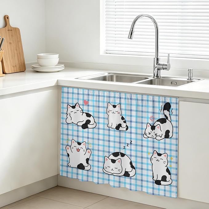 Cute Cat Sink Skirt 11"Wx13"L,Dustproof Under Sink Curtain with Self Adhesive Tape,Modern Playful Pet Cats Blue Purple Plaid Cabinet Curtain Cover for Bathroom Vanity,RV,Kitchen Cabinet Storage Shelf