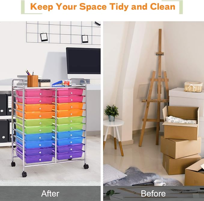 20 Drawer Rolling Storage Cart, Art Cart Organizer with Wheels for Makeup, Tool, Paper, Multipurpose Craft Storage Cart with Drawers for Office, Home, Classroom, Teacher, School (Rainbow)