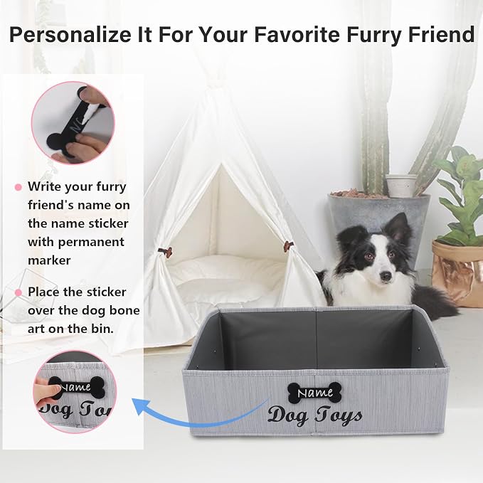 Large Dog Toy Basket Collapsible Dogs Toy Box Fabric Trapezoid Dog Toys Bin Storage for organizing pet Toys/Blankets/leashes/Rope Toys/Clothing-Can be Personalized-Slub Gray