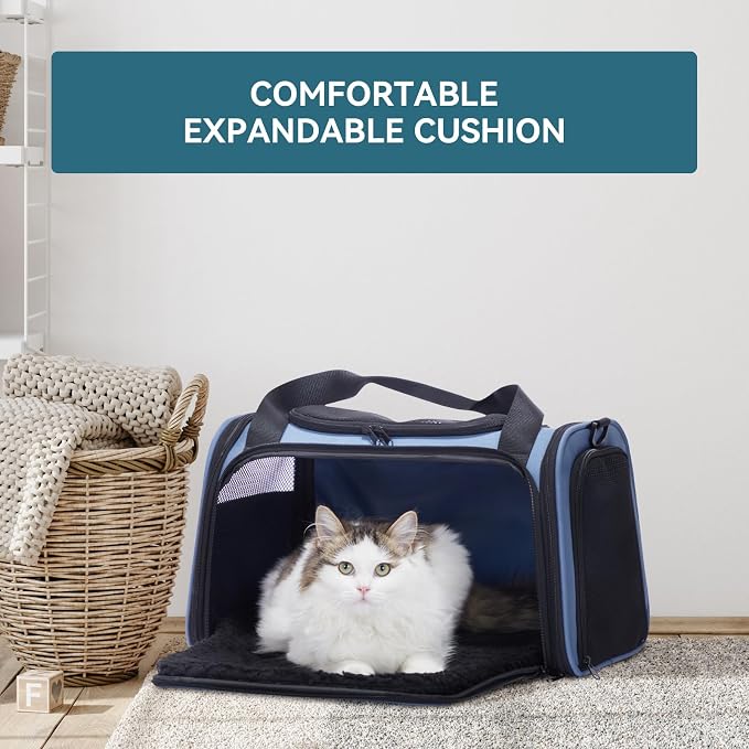 PETSFIT Pet Carrier, Blue, Small and Medium Cats, Puppies Up to 12 Lbs | Dog Carrier, Airline Approved, Collapsible Soft Sided, TSA Approved, Cat Travel Carrier
