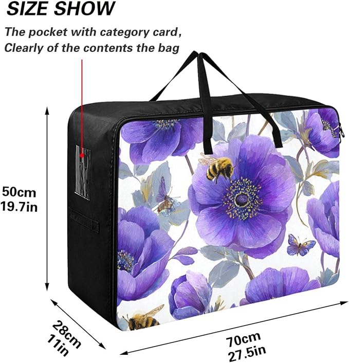 Comforter Storage Bags Large Folding Blanket Organizer Bag with Strong Handles Clear Window Closet Storage Containers for Clothes King Queen Pillows Bedding Quilt Duvet Purple Anemone Bees