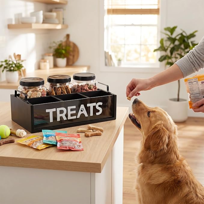 Dog Treat Container for Countertop, Pet Treat Storage Organizer with 3 Jars and Compartments, Cat Food Container with Handle, Dog Treat Organizer Bin