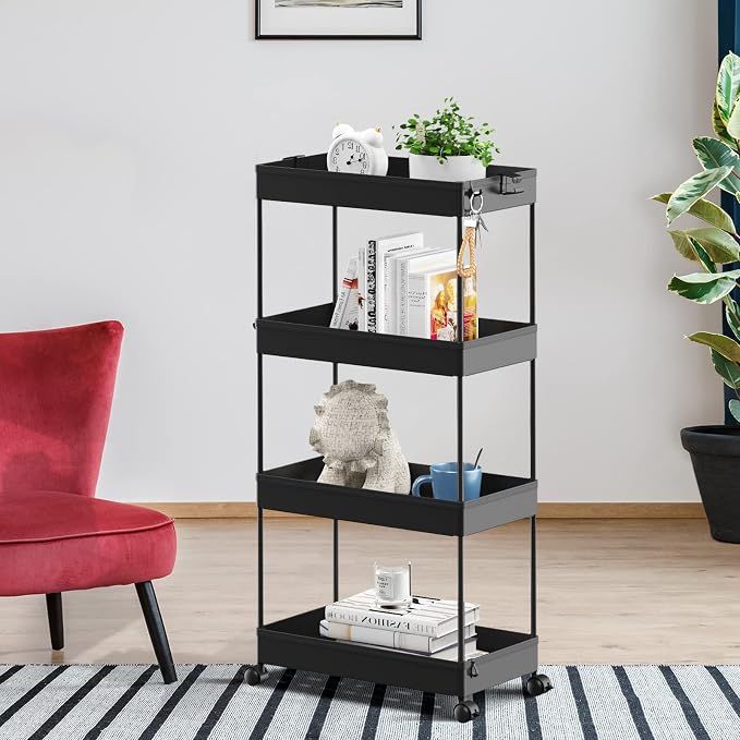 4 Tier Rolling Cart with Wheels, Storage Craft Art Trolley Organizer Serving, 3 Hanging Baskets Easy Assembly, for Office, Living Room, Kitchen