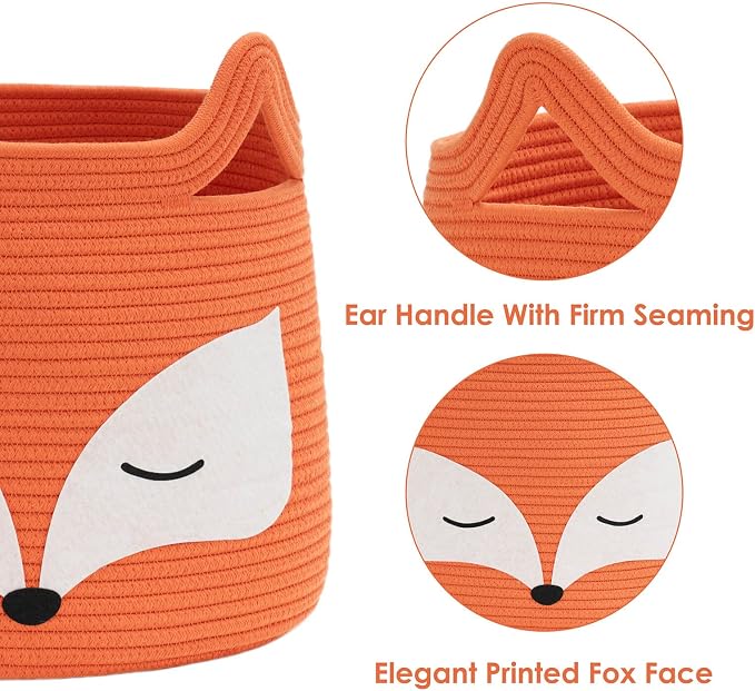 Fox Large Woven Rope Toy Basket for Home Décor, Orange | 15.7" x 11.8" Animal Toy Bin for Living Room Nursery, Baby Storage Basket for Towels, Blankets, with Sturdy Handles