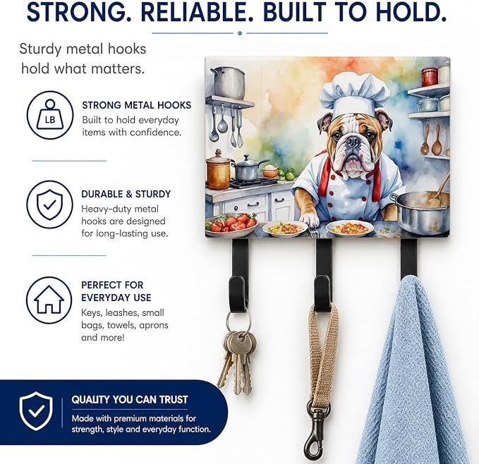 Caroline's Treasures English Bulldog The Chef Leash or Key Holder Wall Hooks, Key Hooks Holder, Coat Rack Wall Mount, Coat Hooks, Hooks for Hanging Keys, Towels, Aprons, Leashes | English Bulldog The Chef artwork on ceramic tile with three steel hooks ...