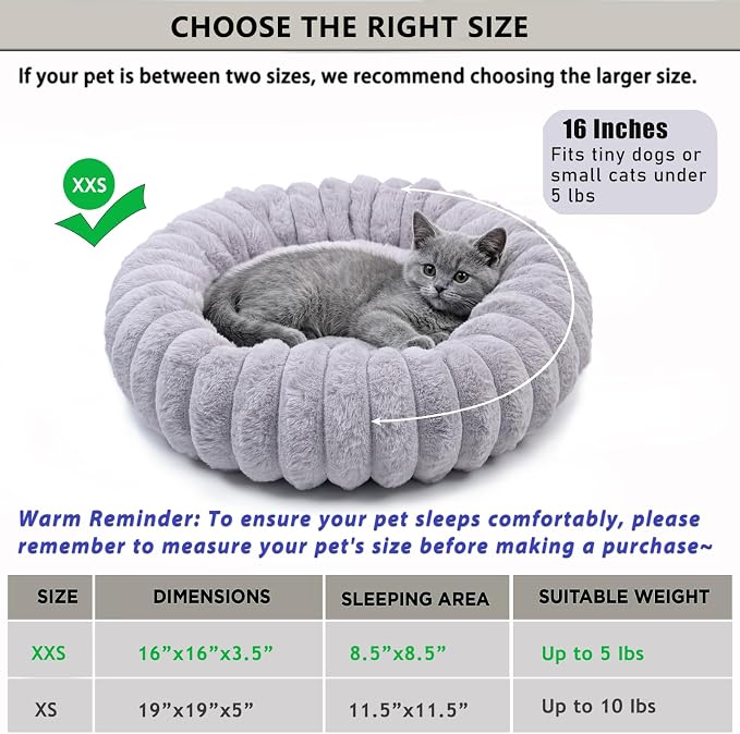 Tiny Donut Pet Bed, 16 Inch Round Calming Bed for Puppies & Kittens, Soft Cozy for Indoor Cats & Extra Small Dogs, Anti-Slip Bottom, Washable, Light Gray