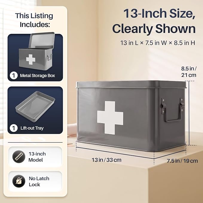 Flexzion Large Metal First Aid Box Empty, 13-Inch, Gray with White Cross | Vintage Medicine Box and First Aid Storage Organizer with Removable Tray and Dividers; Empty Box Only, Supplies Not Included