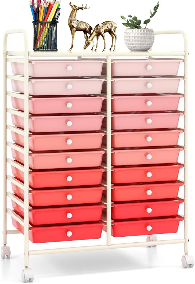20 Drawer Rolling Storage Cart, Art Cart Organizer with Wheels for Makeup, Tool, Paper, Multipurpose Craft Storage Cart with Drawers for Office, Home, Classroom, School (Gradient Pink)