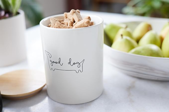 Pearhead Good Dog Ceramic Treat Jar with Airtight Wooden Lid | 4 Cup / 32 oz, Cute Pet Treat Canister Keeps Dog Snacks Fresh – Durable, Easy-to-Clean Design, Kitchen Counter Décor