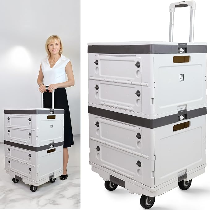Wellmax Foldable Utility Cart & Rolling Crate – 132 lbs Capacity, Silent Wheels, Aluminum Handle + Bonus Collapsible Basket