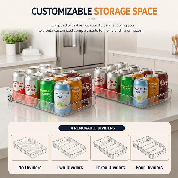 2 Pack Profile Fridge Organizer Bins with Wheels, 2.3'' Low Clear PET Roll Out Refrigerator Trays with 4 Dividers for Soda Cans, Drinks, Snacks and Pantry
